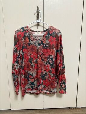 Hopely Floral Top Teal Red Boho Lightweight Knit Woman Medium NWOT